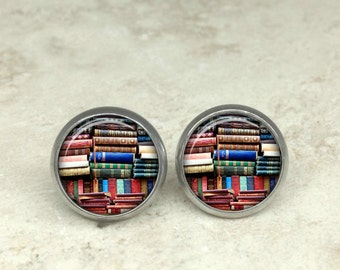 Glass dome book earrings, book earrings, bookshelf earrings, book posts, book stud earrings HG152E