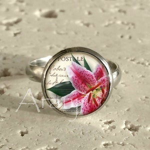 Stargazer lily ring, pink lily adjustable ring, lily ring, flower jewelry, adjustable pink flower ring, pink stargazer lily, Ring#PL121R