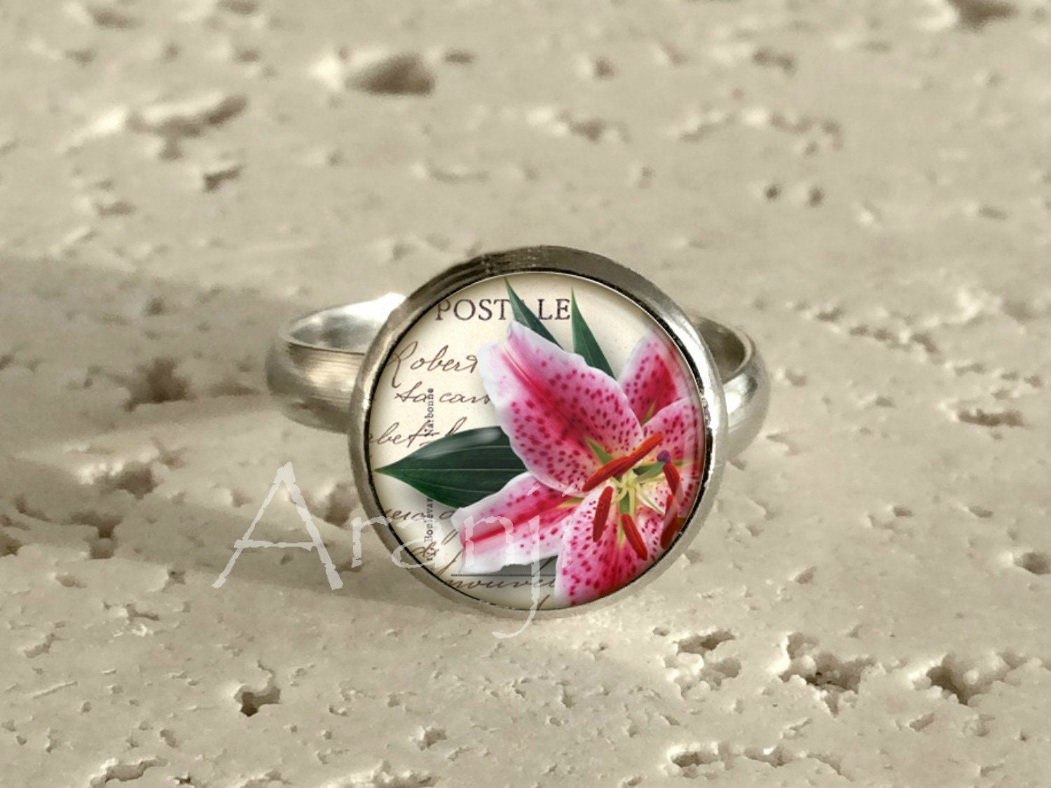 Stargazer Lily Ring, Pink Lily Adjustable Ring, Lily Ring
