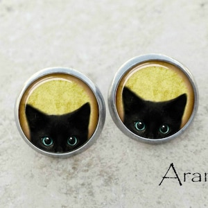 Glass dome black kitten earrings, black cat earrings, black cat jewelry, black cat stud earrings AN116E