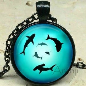Circling sharks art pendant, shark necklace, shark pendant, shark jewelry, shark, ocean necklace, shark week pendant, Pendant #AN234P
