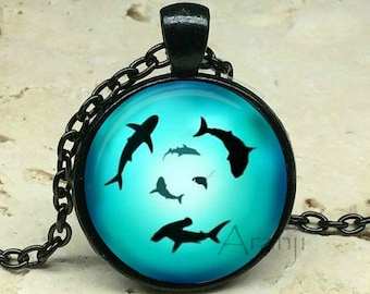 Circling sharks art pendant, shark necklace, shark pendant, shark jewelry, shark, ocean necklace, shark week pendant, Pendant #AN234P
