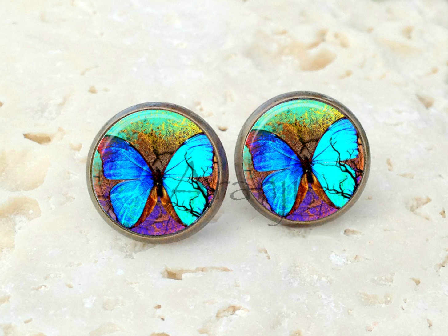 Blue butterfly stud earrings best sale