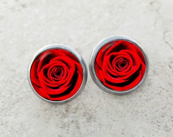 Red rose earrings, rose earrings, bright red rose earrings, rose stud earrings, red rose, red flower earrings, PL104E