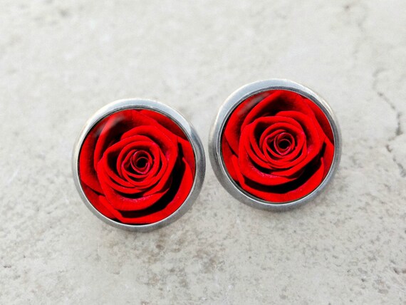 Red Rose Earrings, Rose Earrings, Bright Red Rose Earrings, Rose
