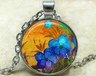 Flower art pendant, flower necklace, colorful flower pendant, flower art necklace, blue flower necklace, Pendant #PL141P