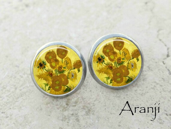 Van Gogh Sunflowers earrings, Sunflowers earrings, Van Gogh earrings, fine art earrings, Van Gogh jewelry, Van Gogh stud earrings, AR137E