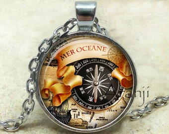 Pirate map pendant, compass necklace, map jewelry, pirate map necklace, compass pendant, Caribbean pendant, Pendant#HG174P