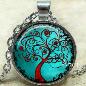 Turquoise curly tree art pendant, blue tree necklace, blue curly tree pendant, teal tree necklace, Pendant PL167P image 1