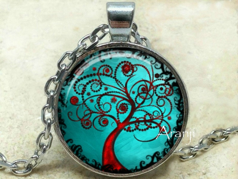 Turquoise curly tree art pendant, blue tree necklace, blue curly tree pendant, teal tree necklace, Pendant PL167P image 1