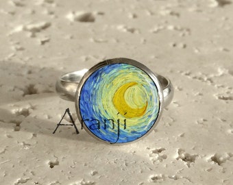 Starry Night moon ring, Starry Night adjustable stainless steel ring, art ring, Starry Night jewelry, adjustable Van Gogh ring Ring#AR116R