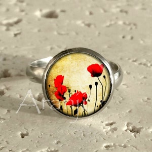 Red poppy ring, red flower adjustable ring, flower jewelry, red poppy jewelry, adjustable red poppy ring, Ring#PL116R