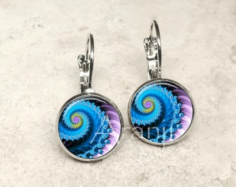 Blue fractal swirl earrings, fractal earrings, spiral earrings, spiral leverback earrings, swirl earrings, blue leverback earrings PA107LB