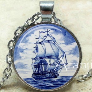 Blue and white ship pendant, blue and white porcelain art print pendant, blue jewelry, Delft art necklace, Pendant, #PA219P
