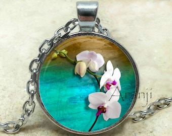 Orchid on turquoise pendant, orchid necklace, orchid pendant, orchid art necklace, botanical art necklace, Pendant #PL186P