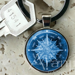 Blue ancient mariner&#39;s compass keychain, key chain, key ring, compass key fob, mariner&#39;s keyring, antique clock, keychain #HG229K
