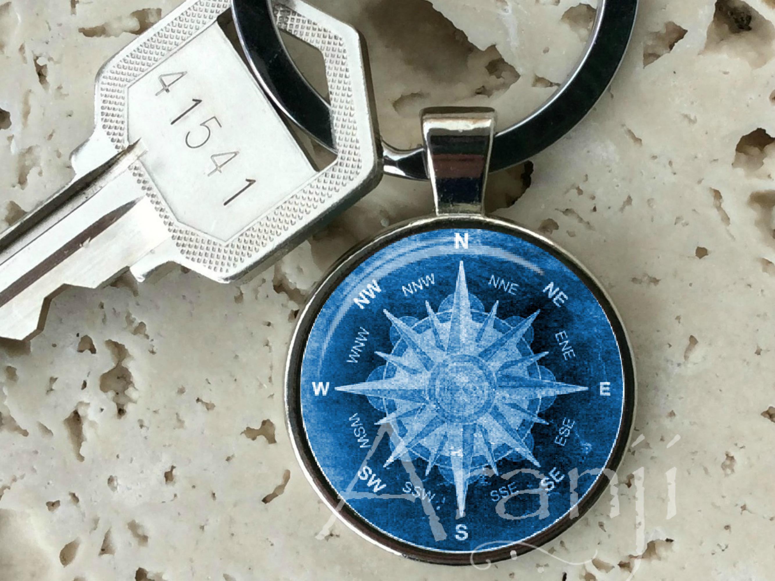 Blue Ancient Mariner's Compass Keychain, Key Chain, Key Ring