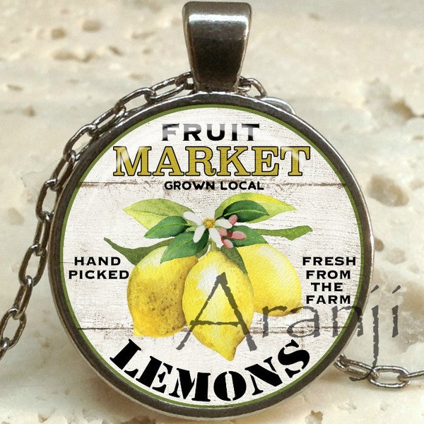 Vintage lemon art pendant, lemon art necklace, yellow lemon jewelry, citrus pendant, vintage farm necklace, fruit pendant,  Pendant #PL111P