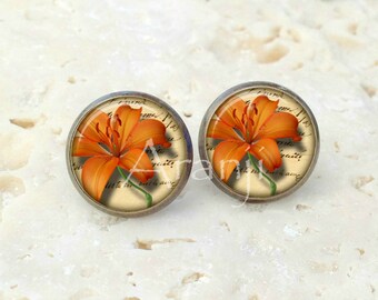 Orange tiger lily earrings, lily earrings, tiger lily stud earrings, orange tiger lily earrings, tiger lily earrings, orange flower, PL154E