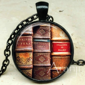 Book art pendant, book necklace, book jewelry, books, library necklace, library pendant, bookshelf necklace, Pendant#HG170BK