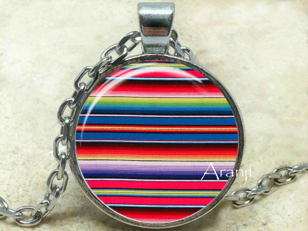 Mexican Blanket Art Pendant, Bright Stripes Necklace, Mexican Pendant