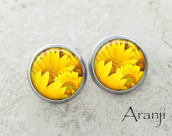 Yellow sunflowers art earrings, sunflower earrings, sunflower stud earrings, sunflower post earrings, flower earrings, flower studs, PL151E