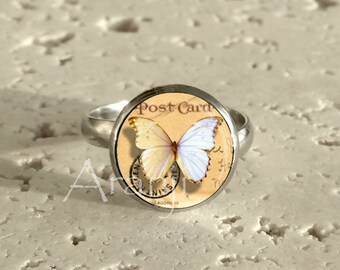 White butterfly ring, butterfly art ring, art ring, white butterfly jewelry, vintage postcard ring, adjustable butterfly ring, Ring#AN191R