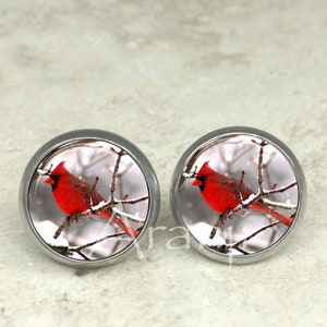 Glass dome cardinal earrings, cardinal earrings, cardinal stud earrings, cardinal post earrings AN111E