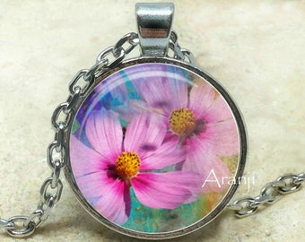 Pink flower art pendant, pink flower necklace, pink flower pendant, pink cosmo pendant, pink cosmo necklace, pink blossom, Pendant #PL134P