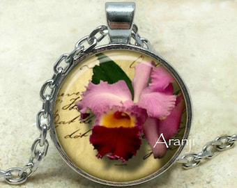 Pink cattleya orchid art pendant, pink flower pendant, pink flower necklace, orchid pendant, orchid necklace, Pendant #PL123P