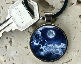 Moon and clouds keychain, key chain, key ring, key fob, night clouds keychain, moon key chain, gift, moon, gift idea, keychain #SP102K
