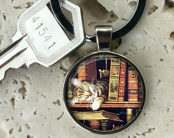 Bookshelf keychain, key chain, key ring, key fob, books keychain, cat key chain, gift, bookworm, gift, gift for teacher, keychain #HG232K