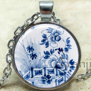 Glass dome blue and white Delftware pendant, blue and white Delft print, Netherlands necklace, pottery art, Pendant PA196P