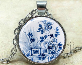 Glass dome blue and white Delftware pendant, blue and white Delft print, Netherlands necklace, pottery art, Pendant PA196P