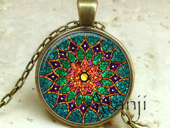 Green and Orange Mandala Art Pendant, Mandala Necklace