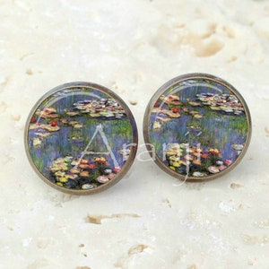 Monet Waterlilies earrings, Waterlilies earrings, Monet earrings, fine art earrings, Claude Monet Waterlilies, Monet stud earrings, AR131E image 3