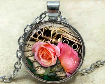 Clarinet art pendant, clarinet necklace, clarinet pendant, clarinet jewelry, music pendant, music necklace, music jewelry, Pendant #HG160P