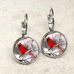 Glass dome cardinal earrings, cardinal earrings, cardinal photo earrings, cardinal leverback earrings, bird earrings, bird jewelry, AN111LB