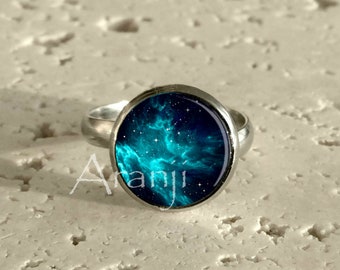 Turquoise nebula art ring, galaxy ring, galaxy, galaxy jewelry, nebula ring, nebula jewelry, space, space jewelry, Ring #SP112R