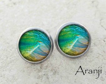 Glass dome wave earrings, ocean wave earrings, ocean wave art earrings, beach wave earrings SP114E