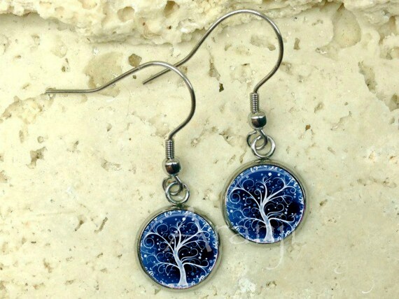 Blue Curly Tree Earrings, Tree Earrings, Blue Tree Drop Earrings