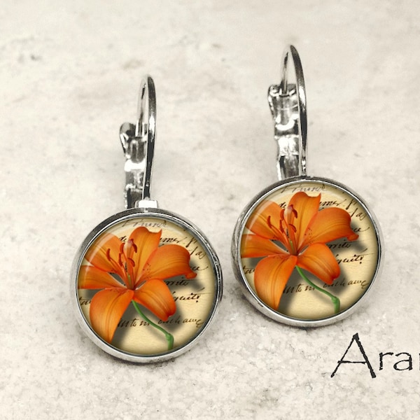 Orange tiger lily earrings, lily earrings, tiger lily earrings, orange lily earrings, tiger lily jewelry, orange flower, tiger lily, PL154LB