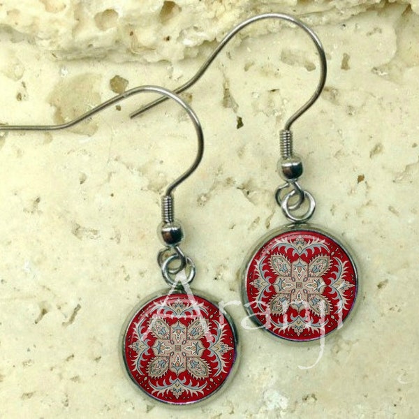 Red oriental rug earrings, oriental rug earrings, red earrings, drop earrings, dangle earrings, french hook earrings, PA216DP