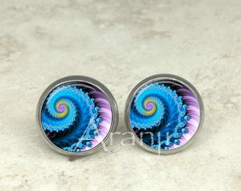 Blue fractal swirl stud earrings, fractal earrings, spiral earrings, spiral stud earrings, swirl earrings, blue post earrings PA107E