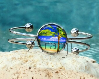 Beach art cuff bracelet, palm bracelet, tropical, island bracelet, ocean bangle, tropical jewelry, beach jewelry, SP121B