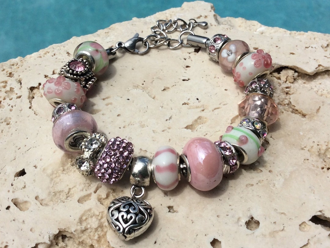 Pink Bracelet Light Pink Charm Bracelet Pink Bead Charm Etsy