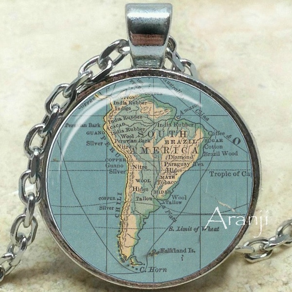 Vintage map of South America art pendant, South America map jewelry, vintage map necklace, map necklace, Pendant #HG194P