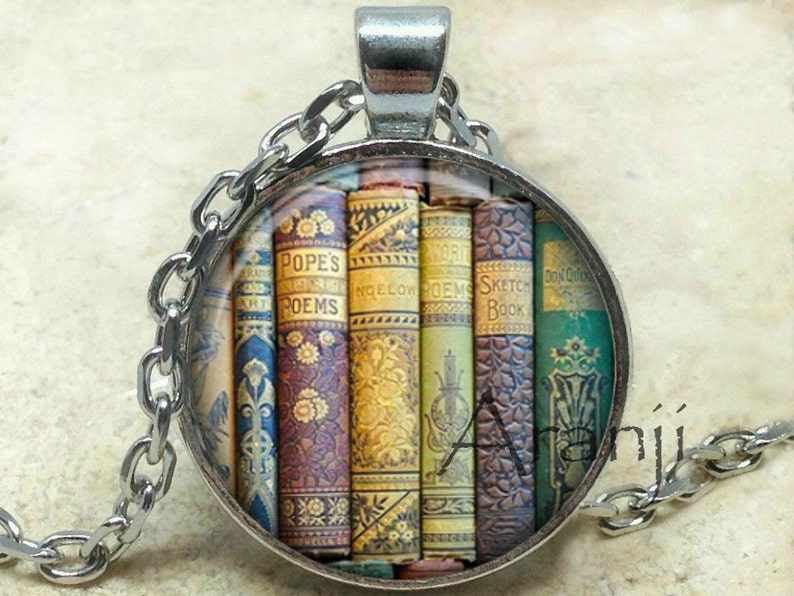 Book pendant, book necklace, book jewelry, bookshelf necklace, bookshelf pendant, gift for bookworm PendantHG233P image 1