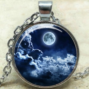 Blue moon art pendant, full moon pendant, moon pendant, moon necklace, moon and clouds necklace, moon jewelry, Pendant #SP102P