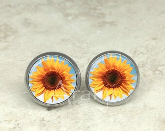 Sunflower art earrings, sunflower earrings, sunflower stud earrings, sunflower post earrings, sunflower jewelry, yellow sunflower PL109E